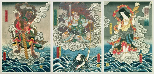 The Actor Ichikawa Ebizo V as the Deity Fudo Myoo Rescuing Ichikawa Danjuro VIII as Honcho-maru Tsunagoro, c.1850